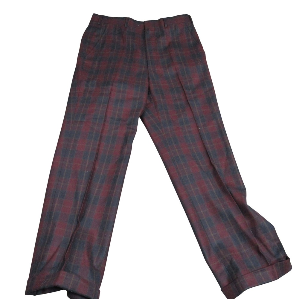 Majer Slacks Mens 31x27 Burgundy Plaid 100% Wool Dress Pants Cuffed Made in USA